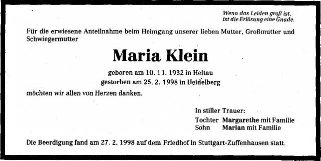 Klein Maria 1932-1998 Todesanzeige